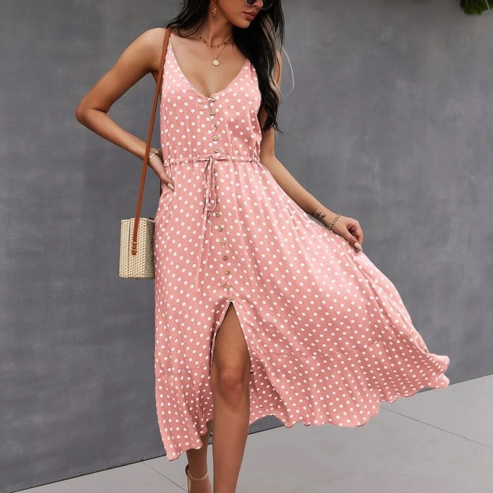 Button up v neck tie polka dot midi dress - Picture 5 of 16